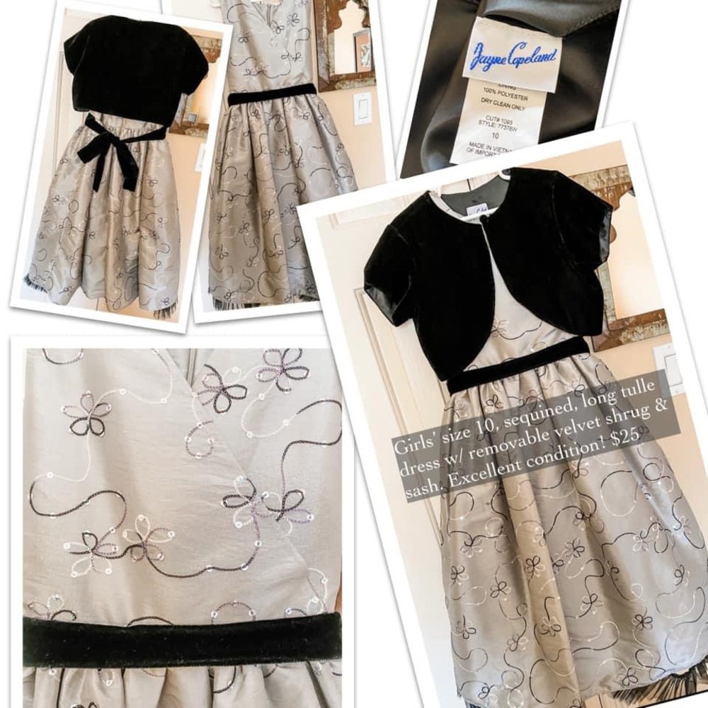 Sequined long tulle dress w/removable velvet shrug